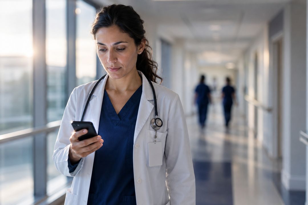 A hospital physician reads a phone while walking a daylit corridor between units.
