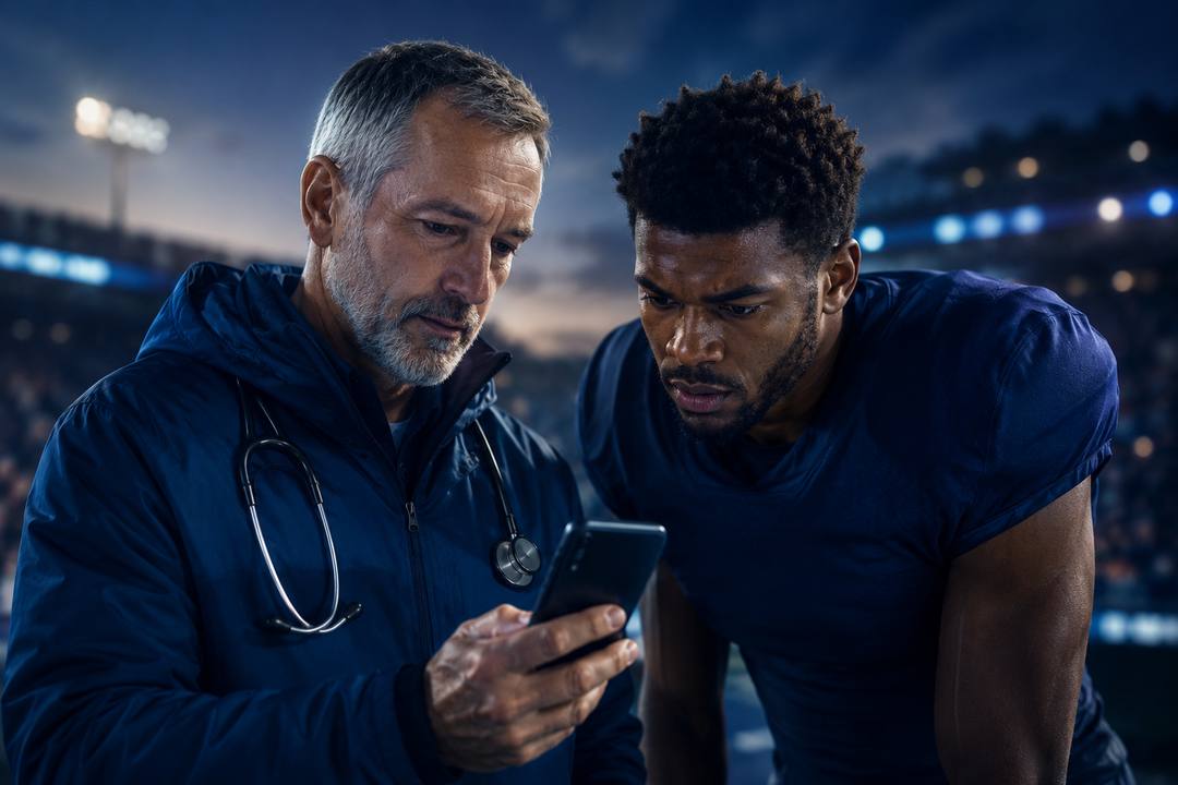 A team physician and an athlete look together at a phone on a floodlit sideline at dusk.